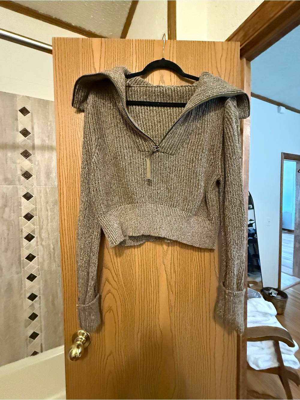 Varley Heather Gray Cropped Half-Zip Turtleneck Sweater